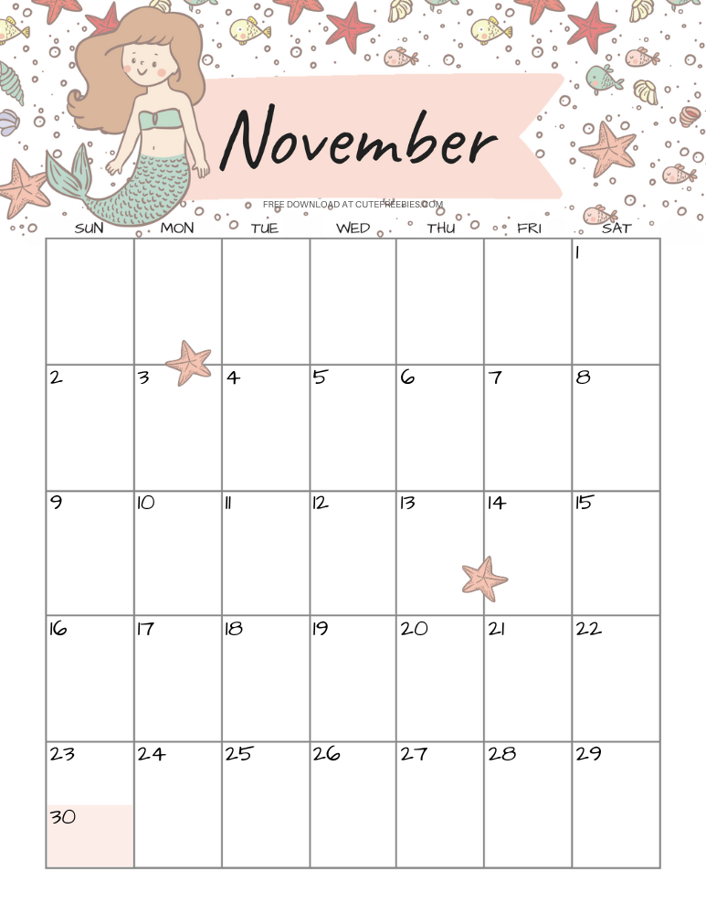 November 2025 monthly calendar with cute mermaid #cutefreebiesforyou #mermaid #freeprintable SEE PREVIOUS POST TO DOWNLOAD THE COMPLETE 2025 CALENDAR