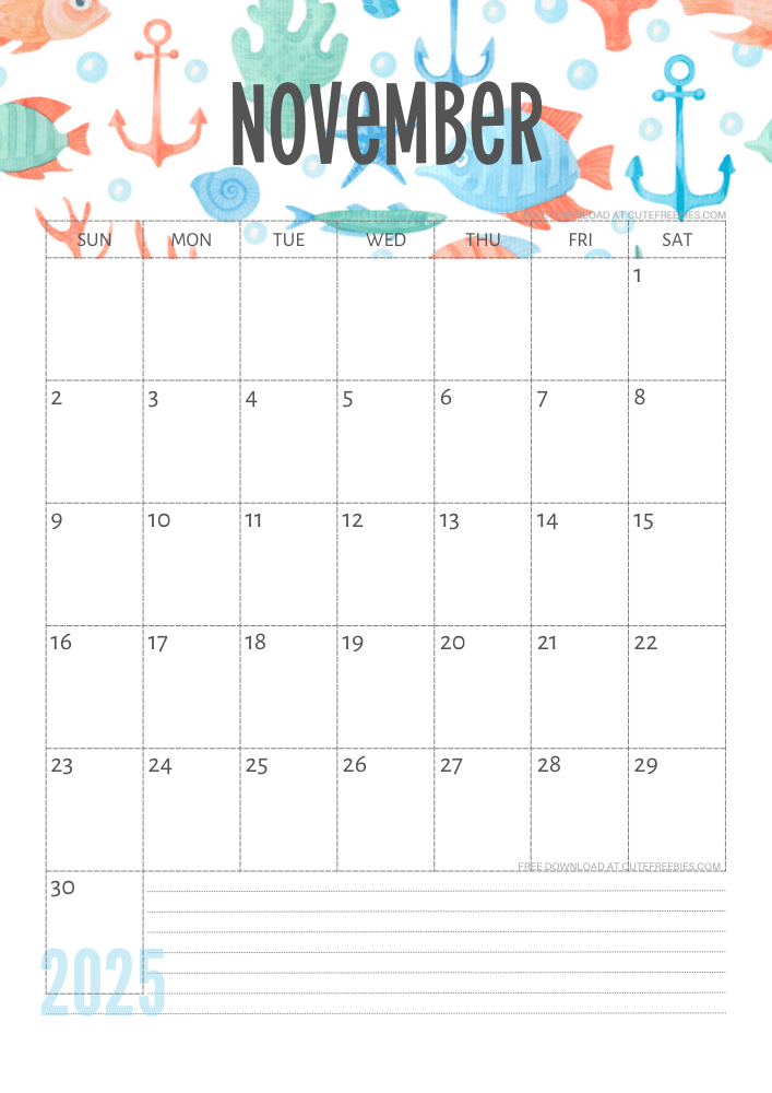 November 2025 Under the Sea themed calendar free printable - SEE PREVIOUS POST TO DOWNLOAD THE COMPLETE 2025 CALENDAR