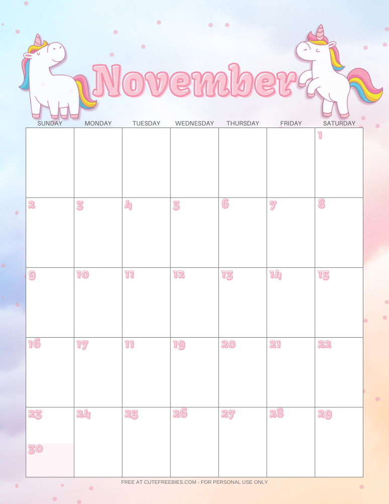 November 2025 calendar with unicorns #unicorn #freeprintable #cutefreebiesforyou #2025