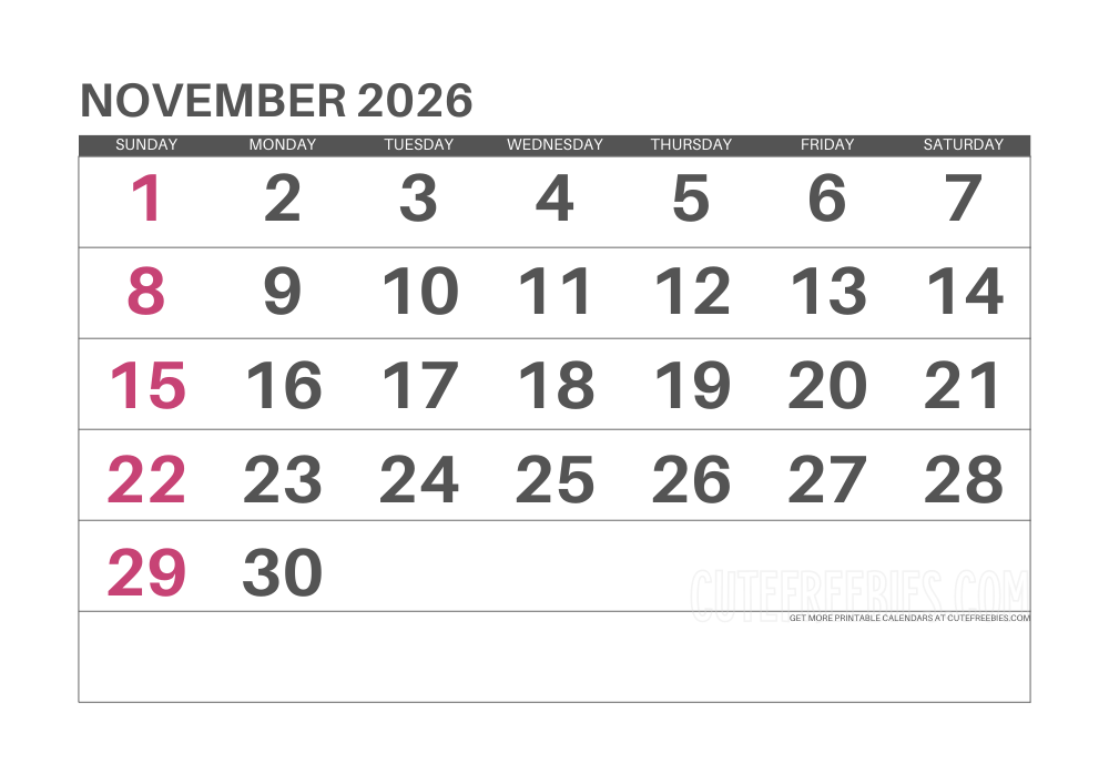 November 2026 monthly calendar #cutefreebiesforyou - SEE PREVIOUS POST TO DOWNLOAD THE COMPLETE 2026 CALENDAR