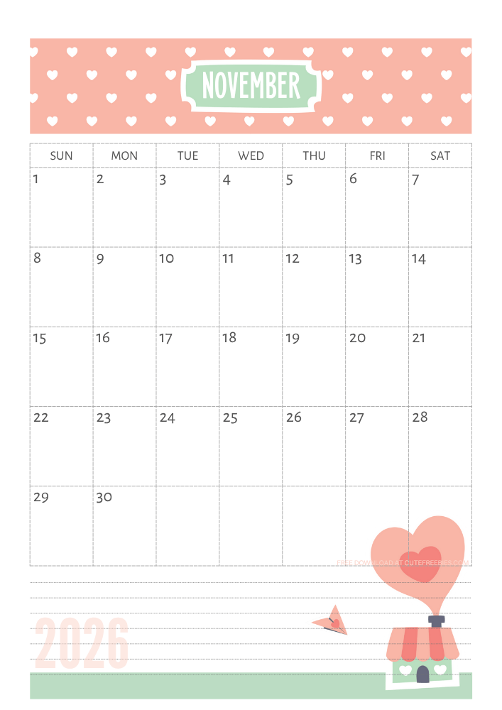 November 2026 Cute calendar free printable - SEE PREVIOUS POST TO DOWNLOAD THE COMPLETE 2026 CALENDAR