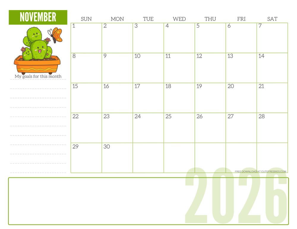 November 2026 cute monthly planner with plant - free printable 2025 cute calendar for plant lovers #freeprintable #cutefreebiesforyou SEE PREVIOUS POST TO DOWNLOAD THE COMPLETE 2026 CALENDAR #2026