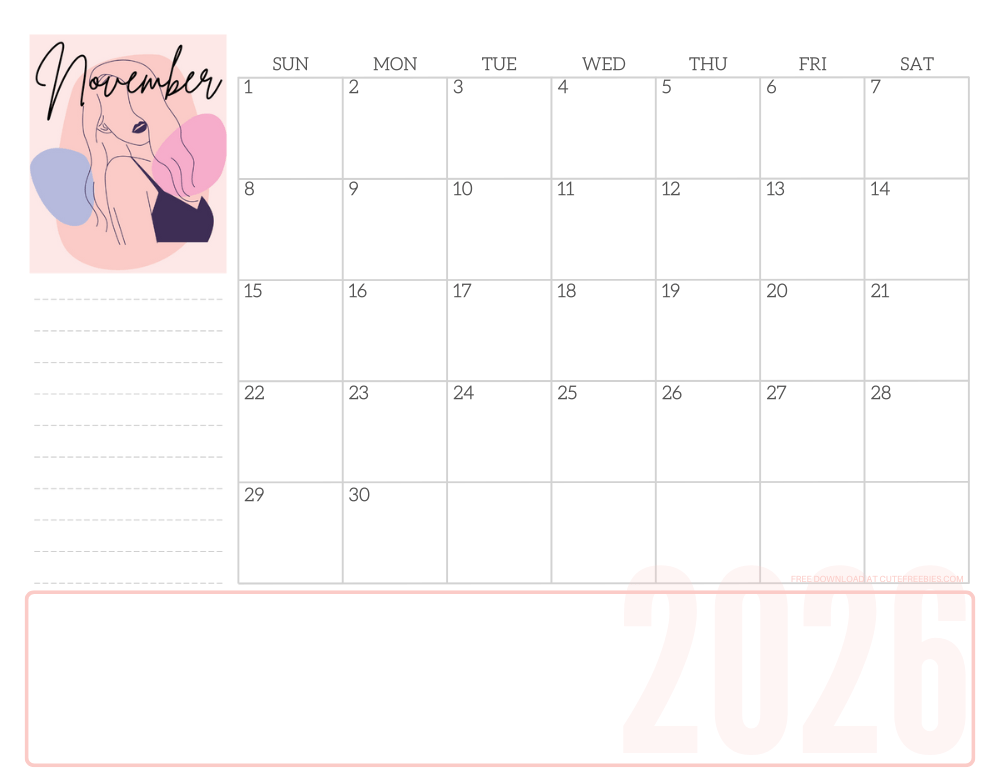 November 2026 line art calendar for women - free printable monthly planner - CLICK PREVIOUS POST TO DOWNLOAD THE COMPLETE 2026 CALENDAR