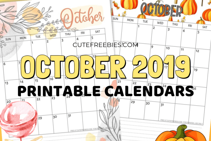 Free Printable October 2019 Calendar - 5 monthly calendars or planners, Sunday or Monday start calendar. Get your free download now! #freeprintable #cutefreebiesforyou #halloween