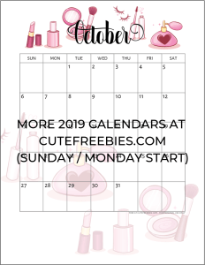 October 2019 Calendar Printable Planner - Free Printable #cutefreebiesforyou #makeuplover #freeprintable