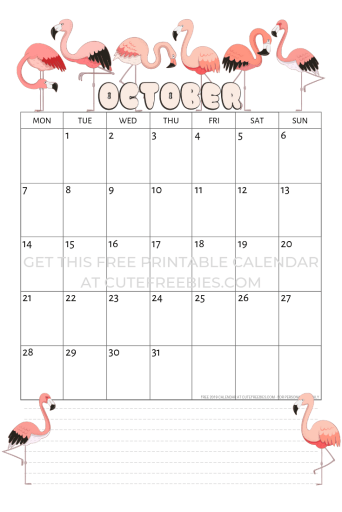 October 2019 calendar with flamingo free printable #flamingo #pink #pinkflamingo #cutefreebiesforyou 