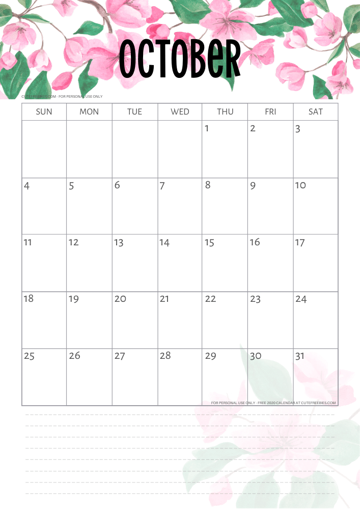 October 2020 calendar - cherry blossoms calendar #cutefreebiesforyou #freeprintable #sakura #cherryblossoms