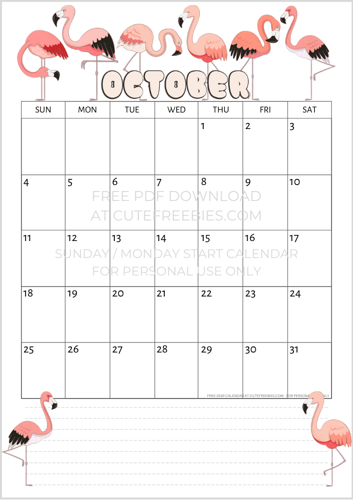 October 2020 calendar flamingo