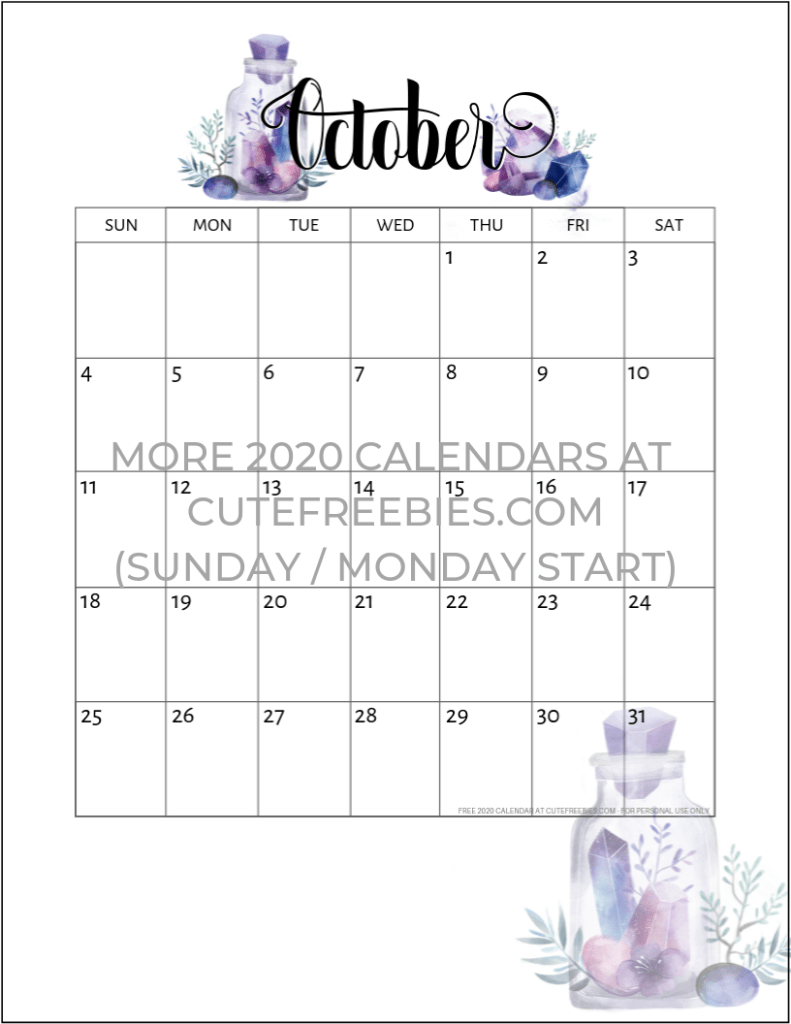October 2020 Calendar Free Printable - Monthly planner printable with crystal gems. A4 A5 and US Letter size. Free pdf download now! #cutefreebiesforyou #freeprintable #crystals #bujomonthly #gems