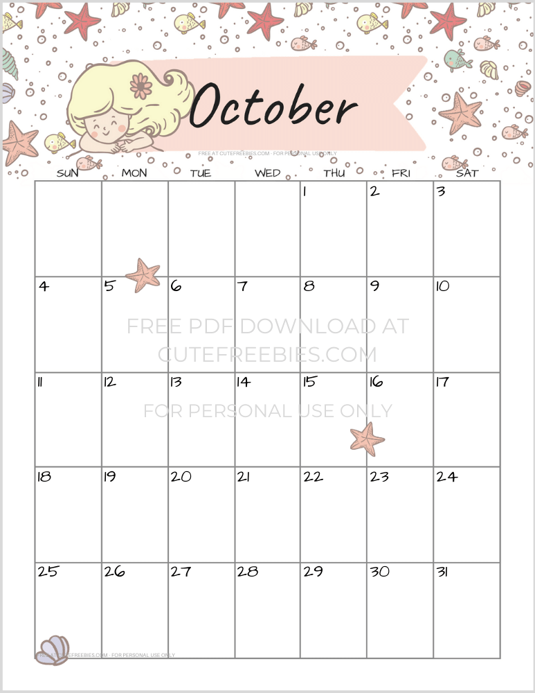 October 2020 calendar mermaid