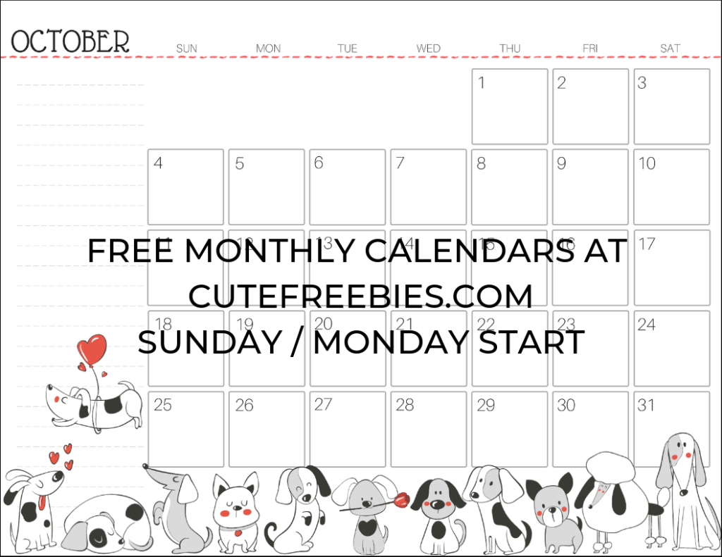 October 2020 Calendar Planner - Free Printable #cutefreebiesforyou #cutedogs #freeprintable