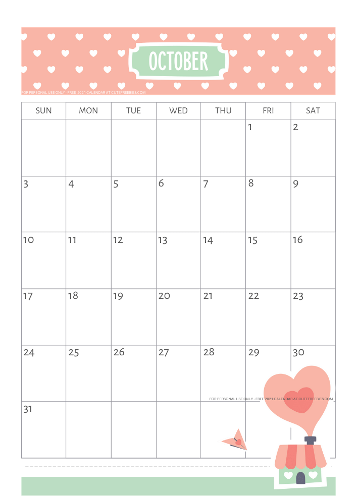 October 2021 calendar free printable #cutefreebiesforyou - SEE PREVIOUS POST TO DOWNLOAD THE FREE PDF FILE