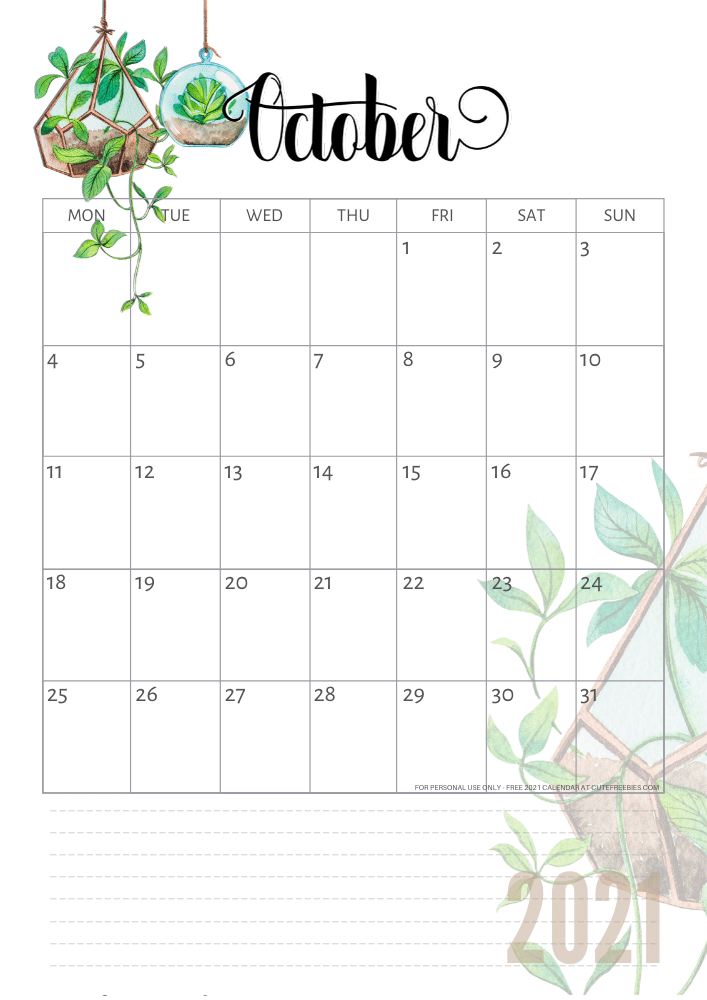 Free printable October 2021 calendar with plants - CLICK PREVIOUS POST to download the PDF