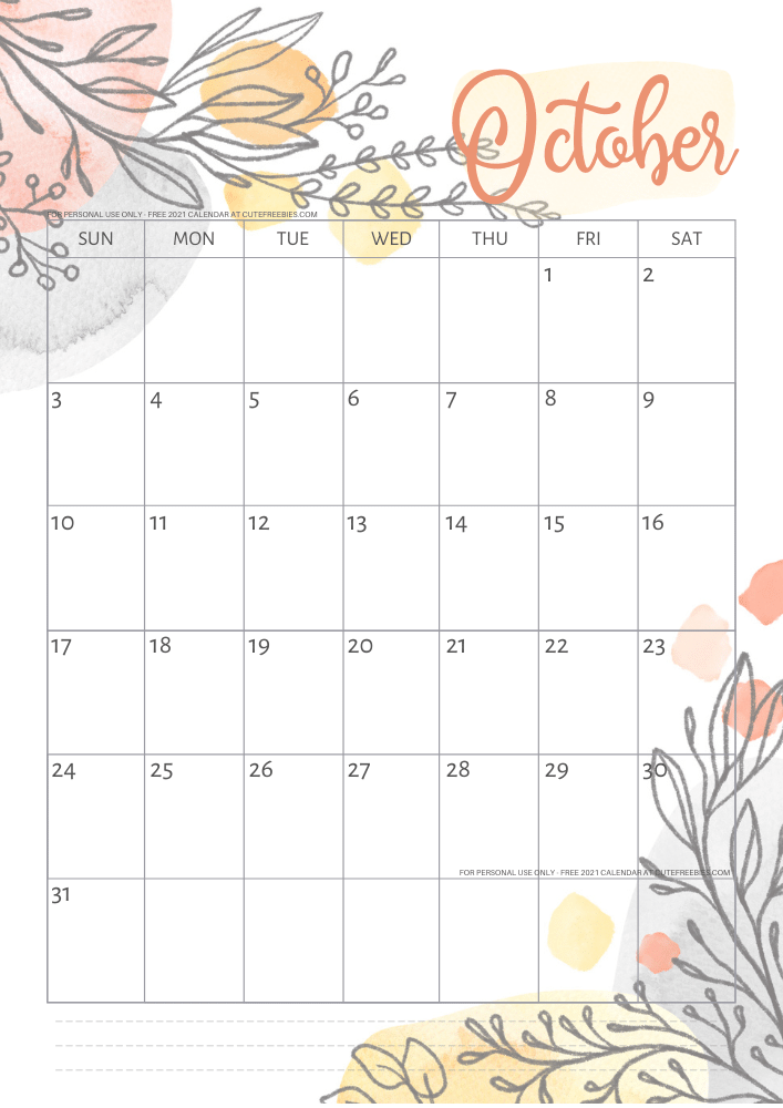 October 2021 calendar free printable monthly planner - See previous post to download the PDF file. #cutefreebiesforyou