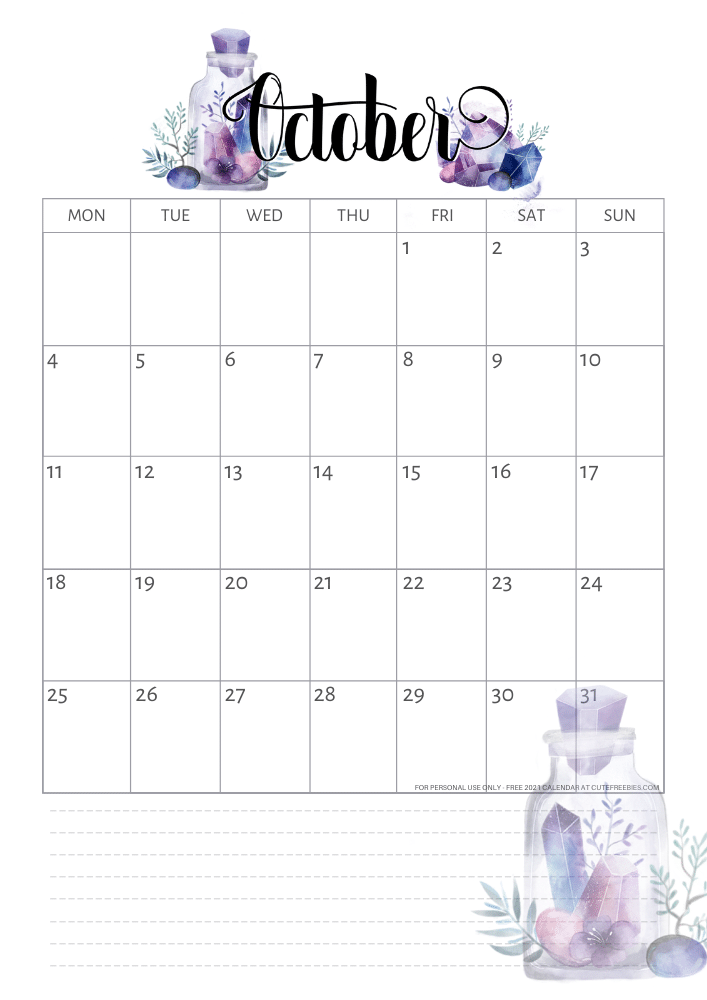 October 2021 calendar - free printable monthly calendar with purple crystals (SEE PREVIOUS POST DO DOWNLOAD THE PDF)