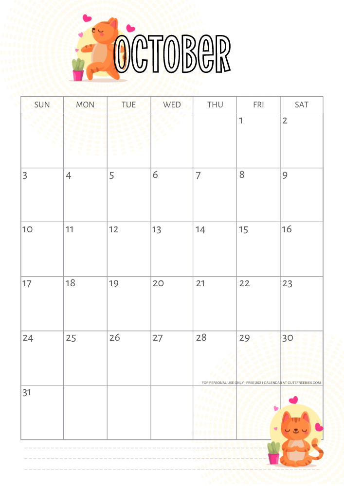 October 2021 calendar yoga cat free printable #cutefreebiesforyou - SEE PREVIOUS POST TO DOWNLOAD THE FREE PDF FILE