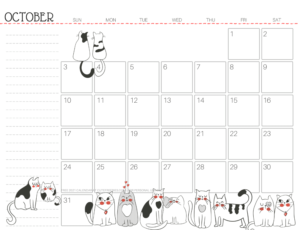 October 2021 monthly planner cat free printable #cutefreebiesforyou - SEE PREVIOUS POST TO DOWNLOAD THE FREE PDF FILE