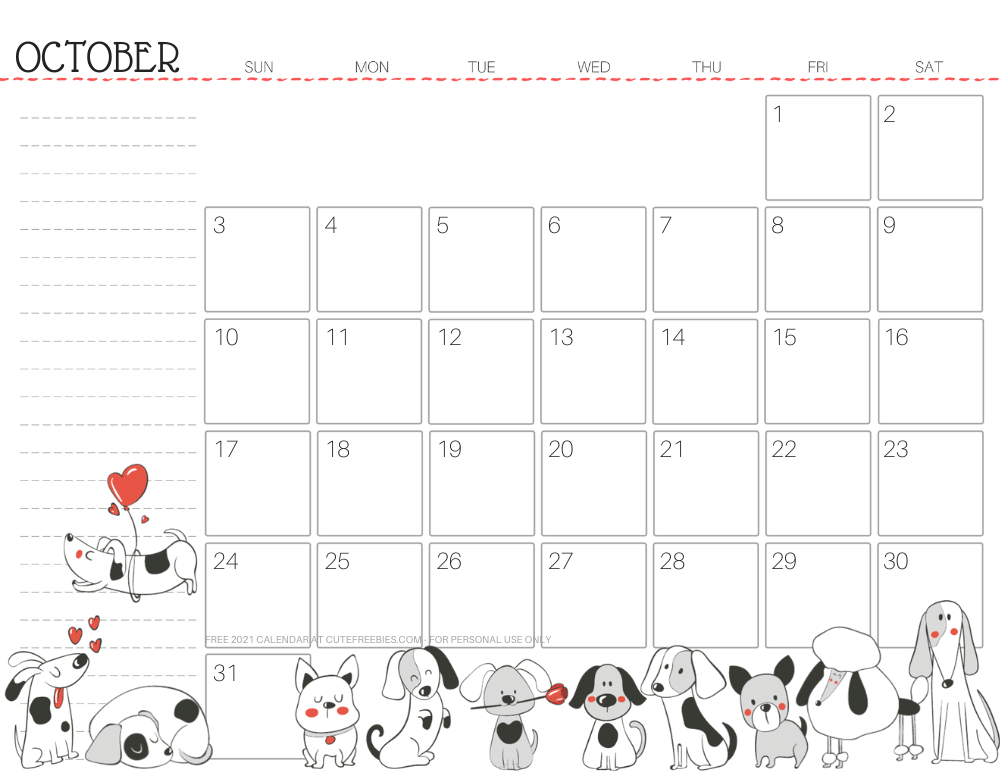 October 2021 calendar cute dog free printable #cutefreebiesforyou SEE PREVIOUS POST TO DOWNLOAD THE FREE PDF FILE