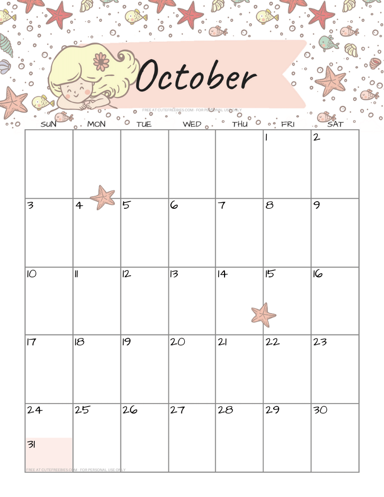 October 2021 calendar with cute mermaid #cutefreebiesforyou #mermaid #freeprintable