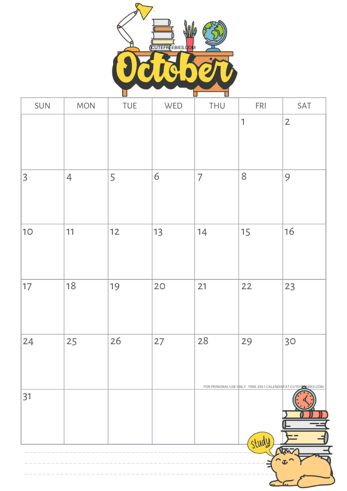 October 2021 school calendar template, free printable monthly planner #cutefreebiesforyou - SEE PREVIOUS POST TO DOWNLOAD THE FREE PDF