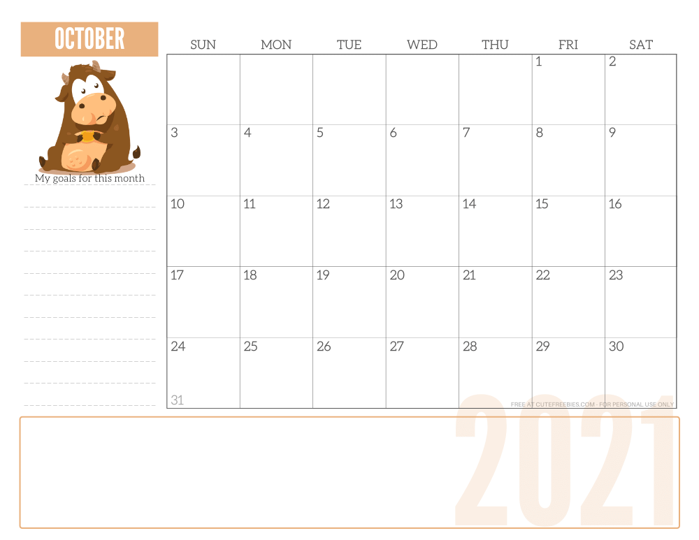 October 2021 year of the ox calendar - free printable monthly planner #freeprintable #cutefreebiesforyou SEE PREVIOUS POST TO DOWNLOAD THE PDF FILE