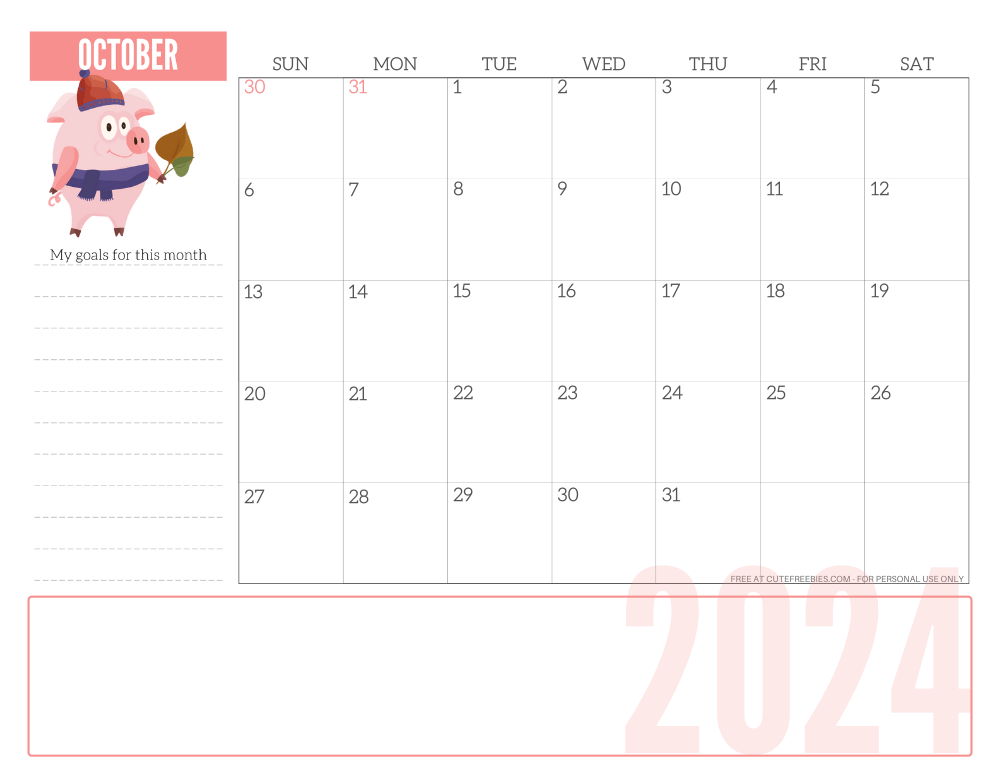 OCTOBER 2024 CUTE monthly planner - free printable 2024 monthly calendar pink pig #printablesandinspirations #freeprintable SEE PREVIOUS POST TO DOWNLOAD THE COMPLETE 2024 CALENDAR