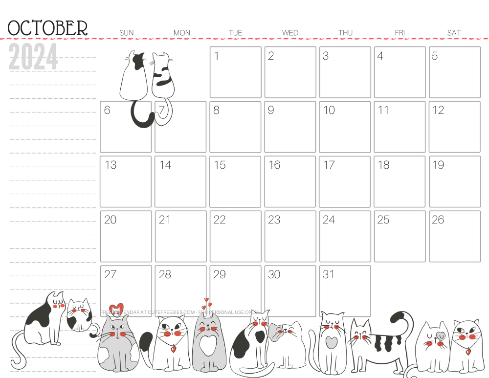 October 2024 monthly planner cat free printable #cutefreebiesforyou - SEE PREVIOUS POST TO DOWNLOAD THE COMPLETE 2024 CALENDAR