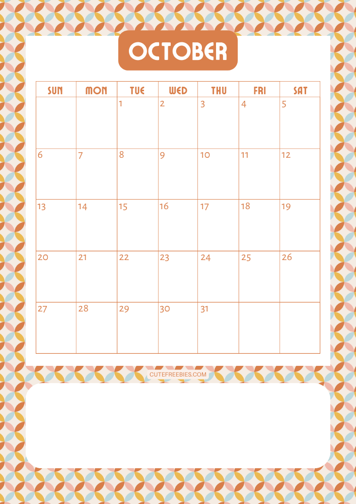 October 2024 Retro design calendar free printable cutefreebiesforyou - SEE PREVIOUS POST TO DOWNLOAD THE COMPLETE 2024 CALENDAR