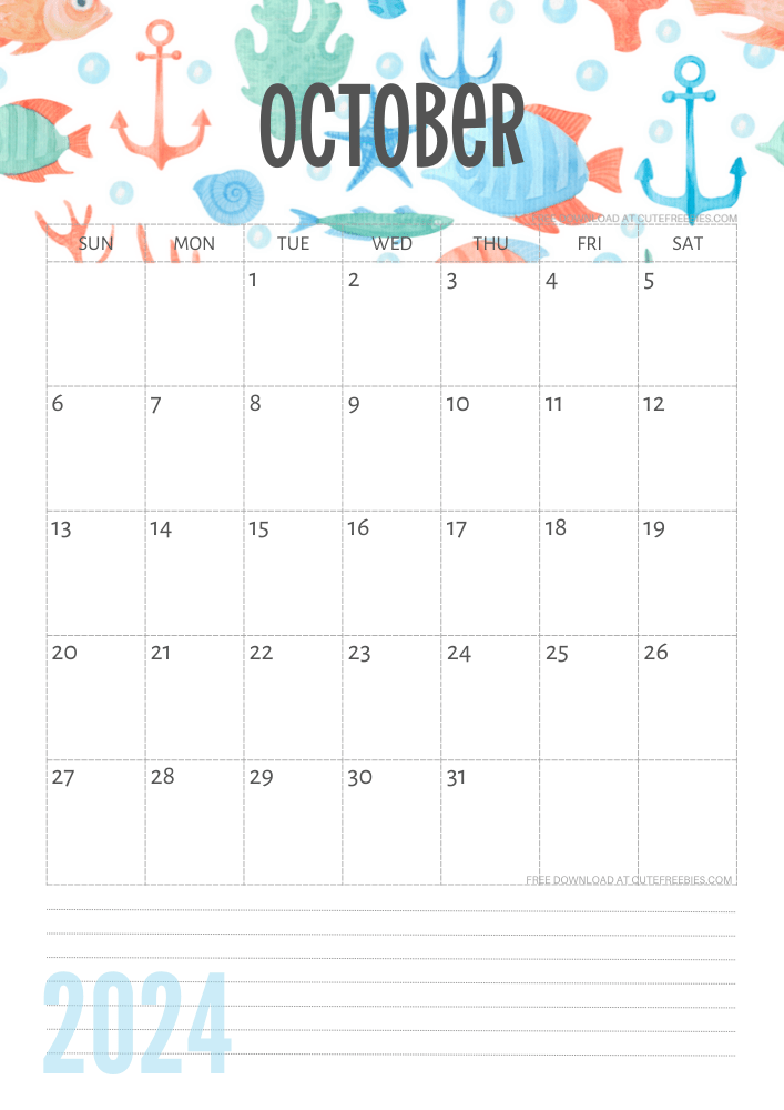 October 2024 Under the Sea themed calendar free printable - SEE PREVIOUS POST TO DOWNLOAD THE COMPLETE 2024 CALENDAR