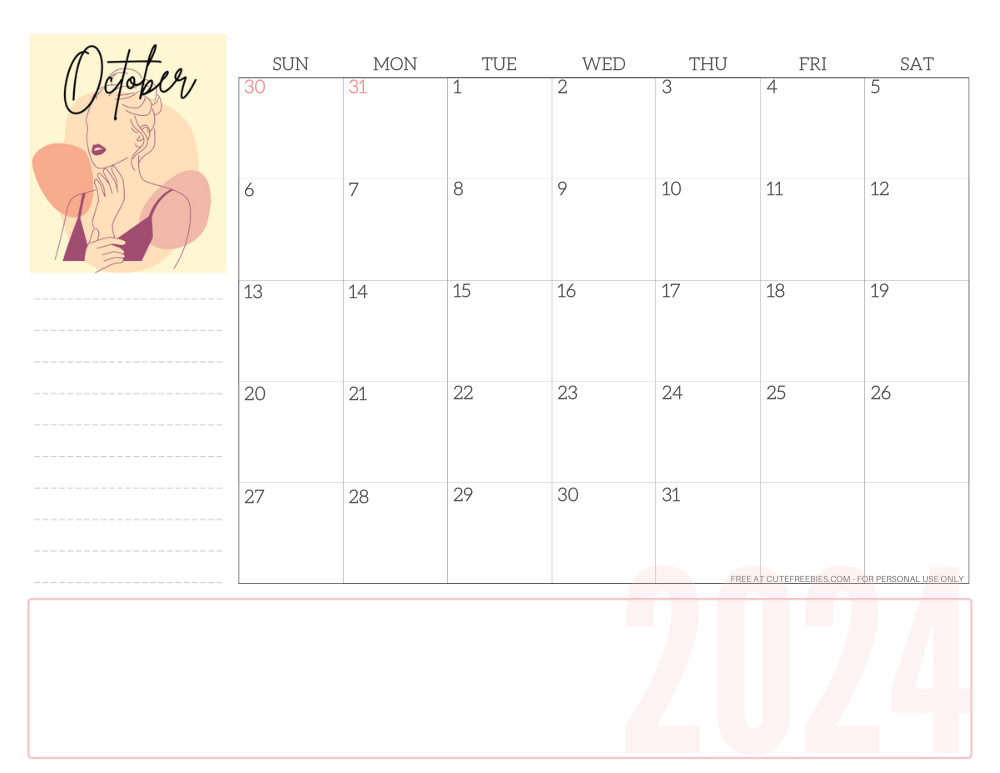 OCTOBER 2024 line art calendar for women - free printable monthly planner - CLICK PREVIOUS POST TO DOWNLOAD THE COMPLETE 2024 CALENDAR