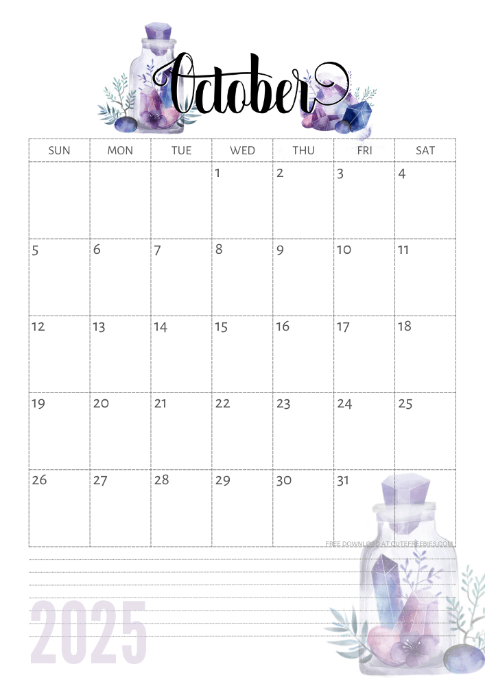 October 2025 calendar - free printable monthly calendar with purple crystals (SEE PREVIOUS POST TO DOWNLOAD THE COMPLETE 2025 CALENDAR)