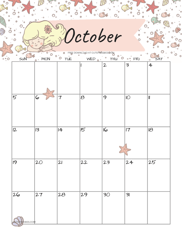 October 2025 monthly calendar with cute mermaid #cutefreebiesforyou #mermaid #freeprintable SEE PREVIOUS POST TO DOWNLOAD THE COMPLETE 2025 CALENDAR