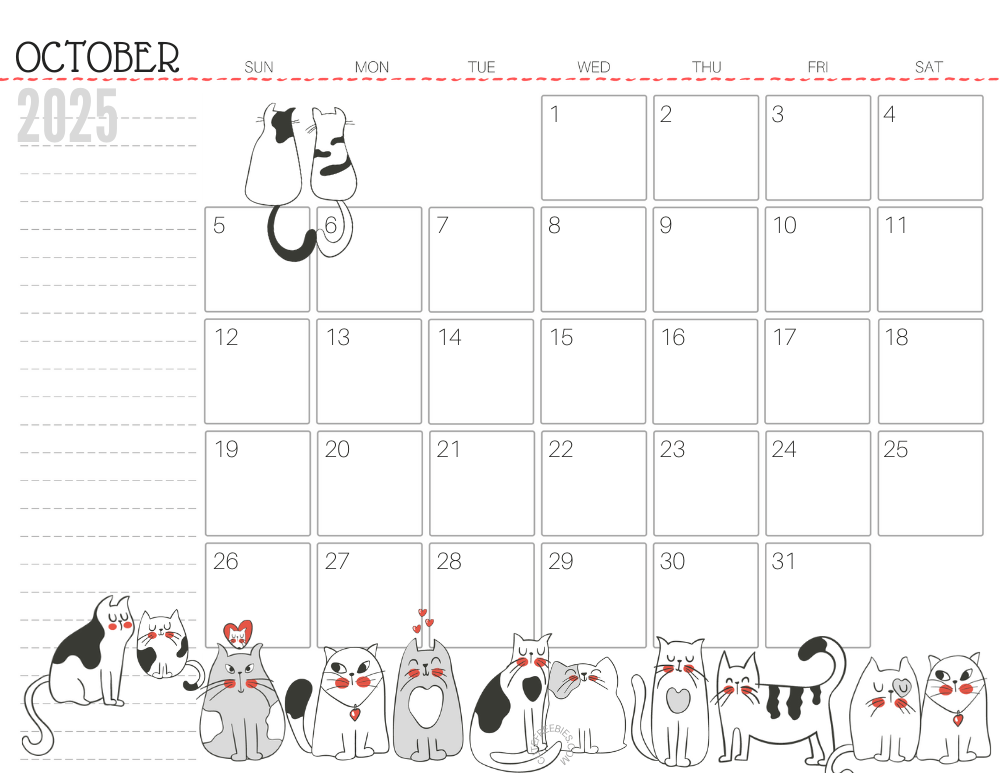 October 2025 monthly planner cat free printable #cutefreebiesforyou - SEE PREVIOUS POST TO DOWNLOAD THE COMPLETE 2025 CALENDAR