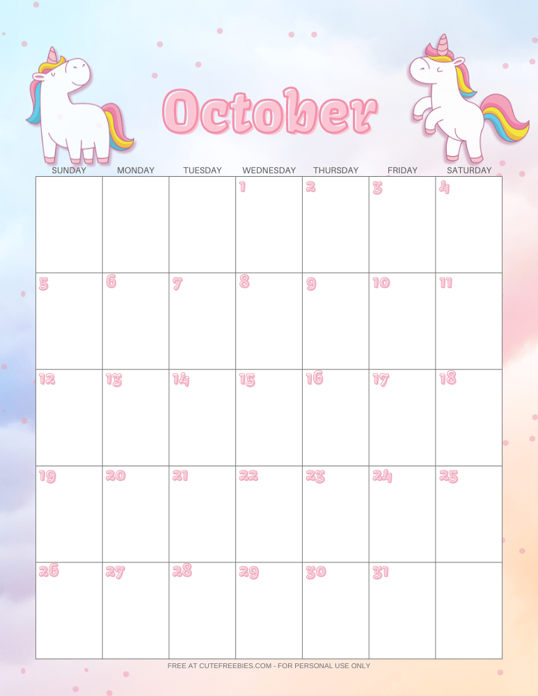 October 2025 calendar with unicorns #unicorn #freeprintable #cutefreebiesforyou #2025