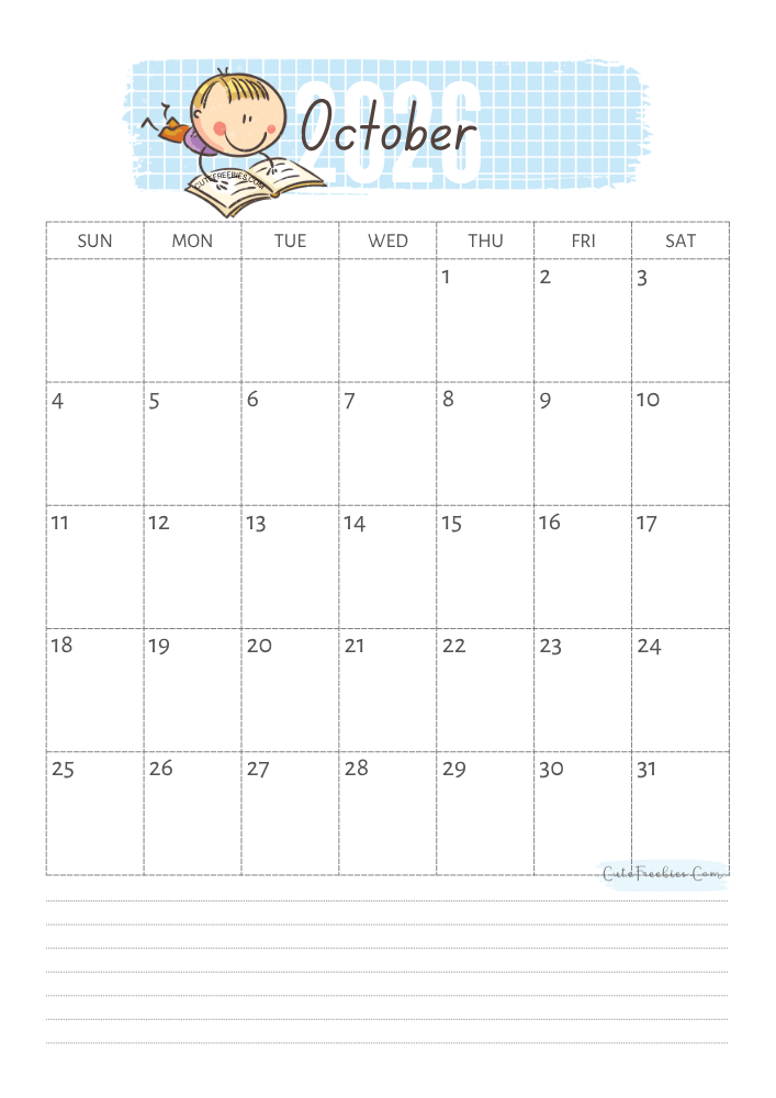 October 2026 cute calendar for kids - free printable monthly planner #cutefreebiesforyou - SEE PREVIOUS POST TO DOWNLOAD THE COMPLETE 2026 CALENDAR