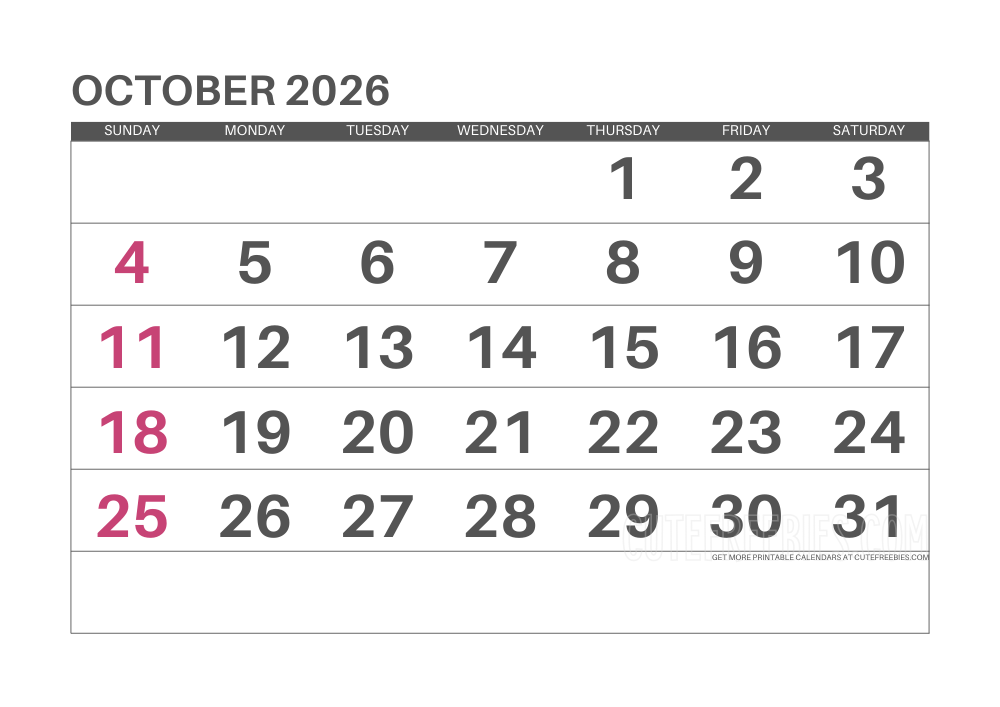 October 2026 monthly calendar #cutefreebiesforyou - SEE PREVIOUS POST TO DOWNLOAD THE COMPLETE 2026 CALENDAR