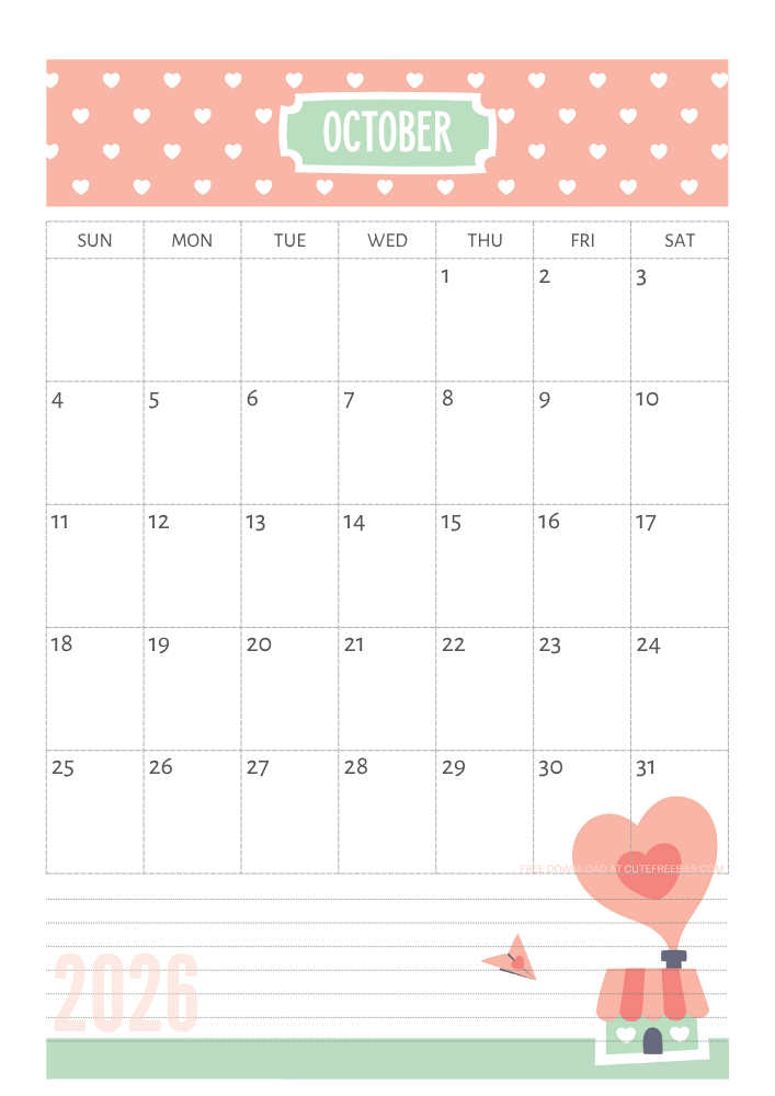 October 2026 Cute calendar free printable - SEE PREVIOUS POST TO DOWNLOAD THE COMPLETE 2026 CALENDAR