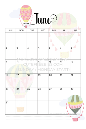 Free Printable June 2019 Calendar - hot air balloons theme! Get your free June planner and start the month right. #cutefreebiesforyou #freeprintable #bulletjournal #bujoideas