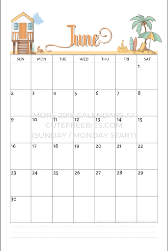 Free Printable June 2019 Calendar - summer beach theme! Get your free June planner and start the month right. #cutefreebiesforyou #freeprintable #bulletjournal #bujoideas