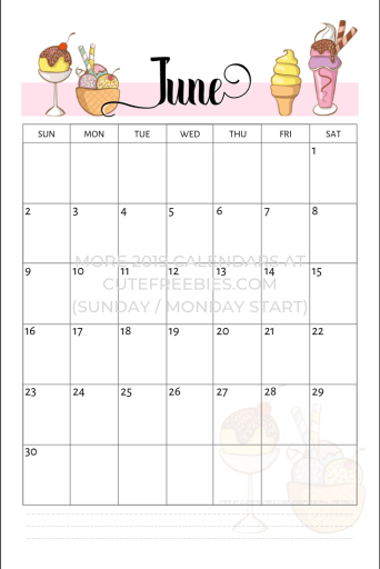 Free Printable June 2019 Calendar - ice cream theme! Get your free June planner and start the month right. #cutefreebiesforyou #freeprintable #bulletjournal #bujoideas