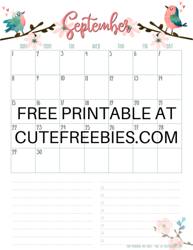 September 2019 Calendar Planner -Free Printable #cutefreebiesforyou #freeprintable
