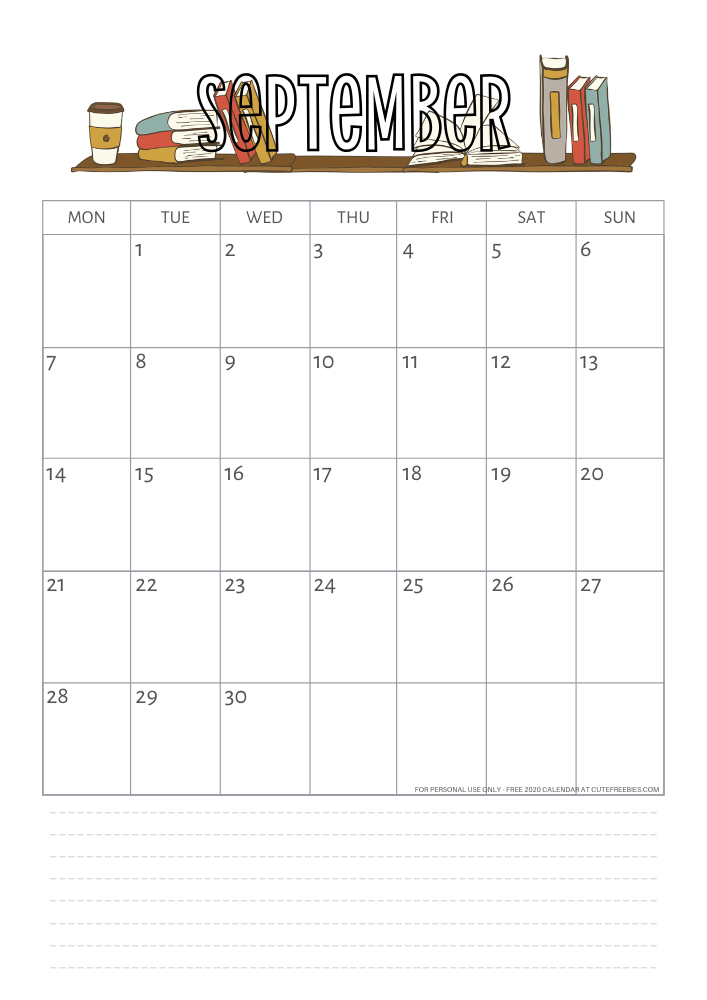 Free printable September 2020 calendar with books #cutefreebies