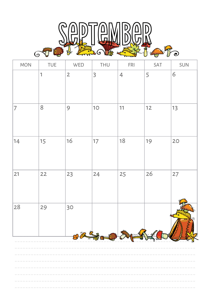 Free printable September 2020 calendar with hedgehogs, autumn calendar #cutefreebies