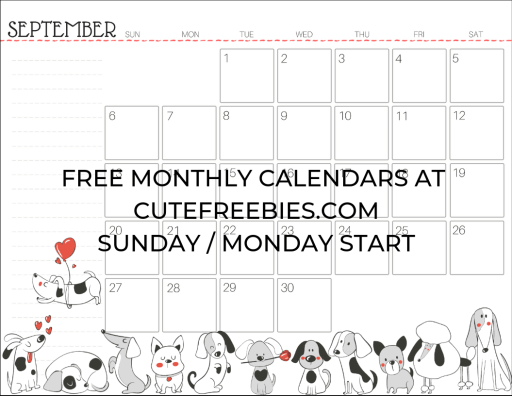 September 2020 Calendar Planner - Free Printable #cutefreebiesforyou #cutedogs #freeprintable