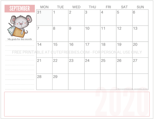 September 2020 Calendar - Year of the Rat monthly calendar - Cute 2020 coffee mouse calendar - free pdf download now! #freeprintable #cutefreebiesforyou #yearoftherat #mouse #coffeelover