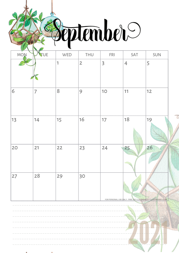 Free printable September 2021 calendar with plants - CLICK PREVIOUS POST to download the PDF