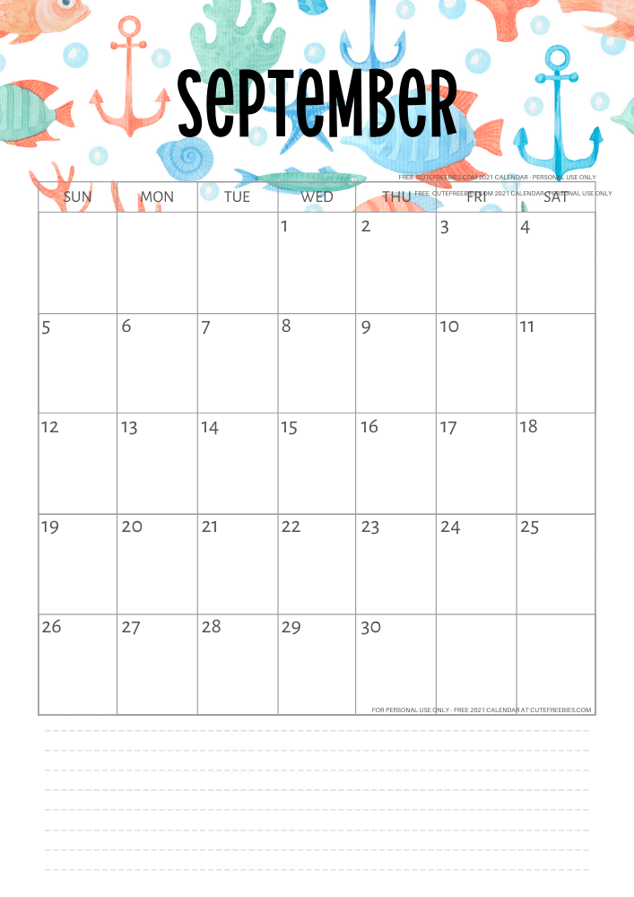September 2021 Monthly calendar - sea themed #cutefreebiesforyou #freeprintable