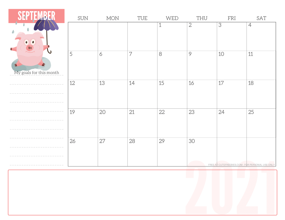 SEPTEMBER 2021 CUTE monthly planner - free printable 2021 monthly calendar pink pig #printablesandinspirations #freeprintable SEE PREVIOUS POST TO DOWNLOAD THE PDF