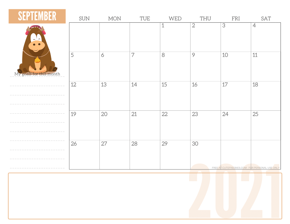 September 2021 year of the ox calendar - free printable monthly planner #freeprintable #cutefreebiesforyou SEE PREVIOUS POST TO DOWNLOAD THE PDF FILE