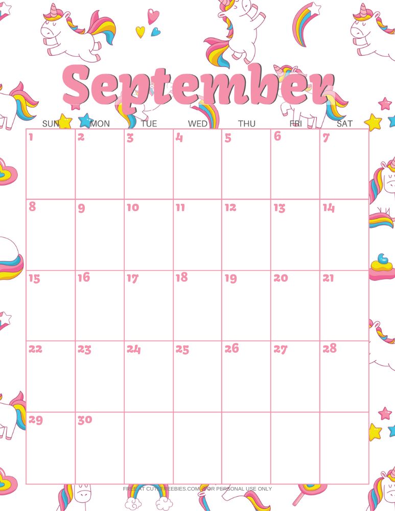 September 2024 calendar with unicorns #unicorn #freeprintable #cutefreebiesforyou